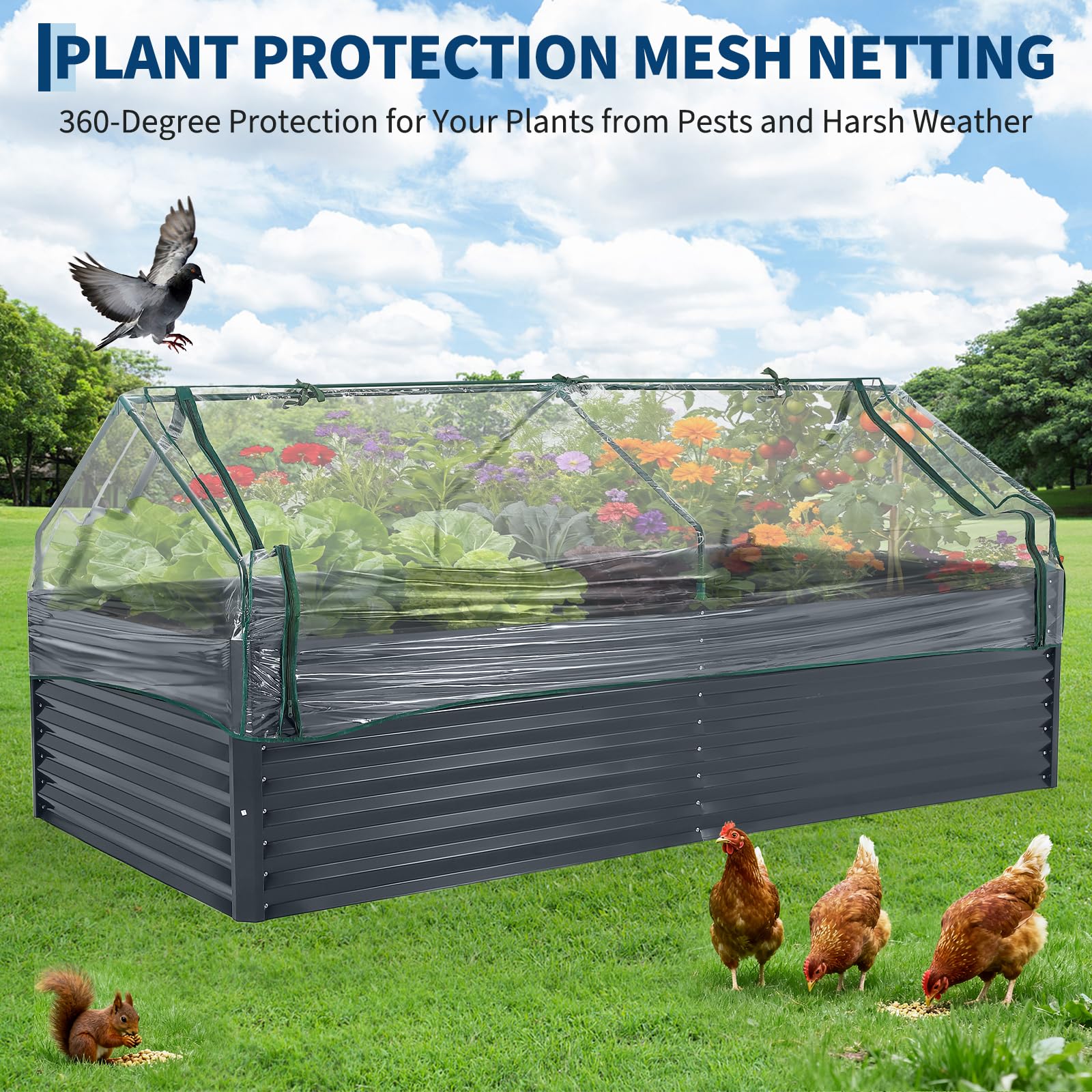 Garvee Galvanized Raised Garden Bed Kit with Cover - Extra Deep Metal Planter, Reinforced Structure, Easy Assembly, Weather-Resistant Steel, Efficient Drainage, Outdoor Vegetable Gardening