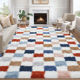 Garvee Plush Fuzzy 8x10 Area Rugs for Living Room, Washable Plush Checkered Rug for Bedroom, Modern Shag Rainbow Rugs Non Slip Soft Furry Large Carpet for Kids Room Nursery Home Decor - Brown Multi