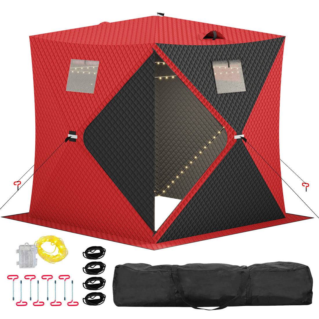 Garvee Insulated Pop-Up Ice Fishing Shelter  – Portable Winter Tent with Windows, Zippered Door, Integrated Light Strip, Carry Bag, Anchors & Wind Rope – Durable Ice Shanty for Outdoor Ice Fishing