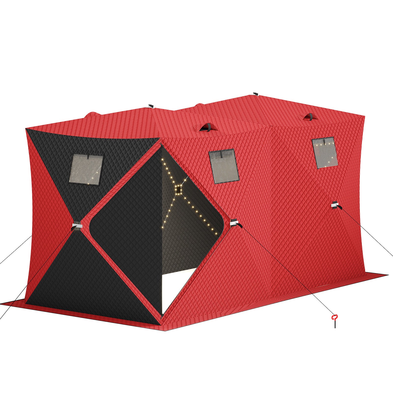 Garvee Insulated Pop-Up Ice Fishing Tent – 5-7 Person Spacious Shelter with Double Zippered Doors, 2x49ft LED Light Strips, Windproof, Easy Setup, Carry Bag, Anchors, Battery Packs – Red + 2 Side Black, 141.73x70.8x77.74in, 2x15m Light Strips