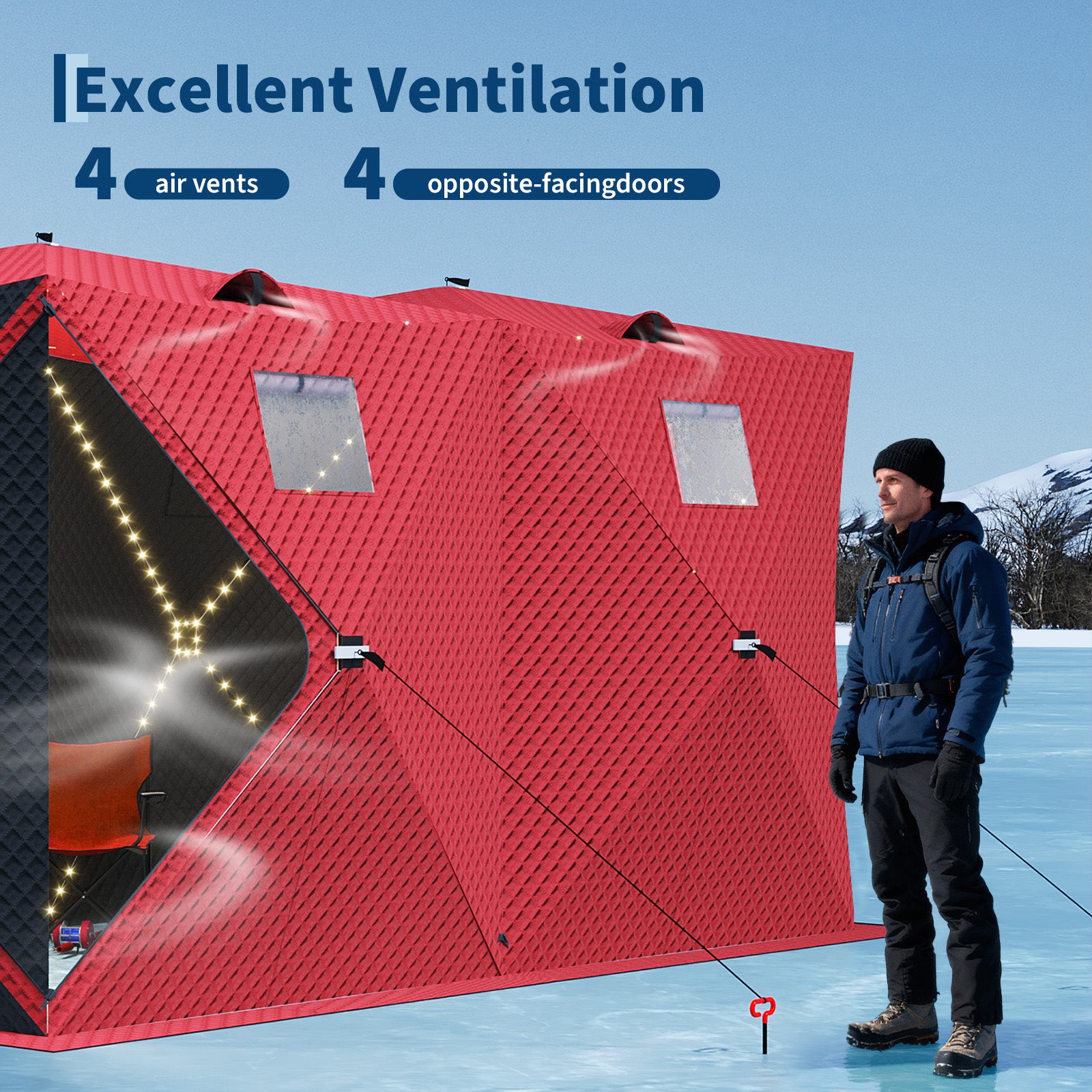 Garvee Insulated Pop-Up Ice Fishing Tent – 5-7 Person Spacious Shelter with Double Zippered Doors, 2x49ft LED Light Strips, Windproof, Easy Setup, Carry Bag, Anchors, Battery Packs – Red + 2 Side Black, 141.73x70.8x77.74in, 2x15m Light Strips