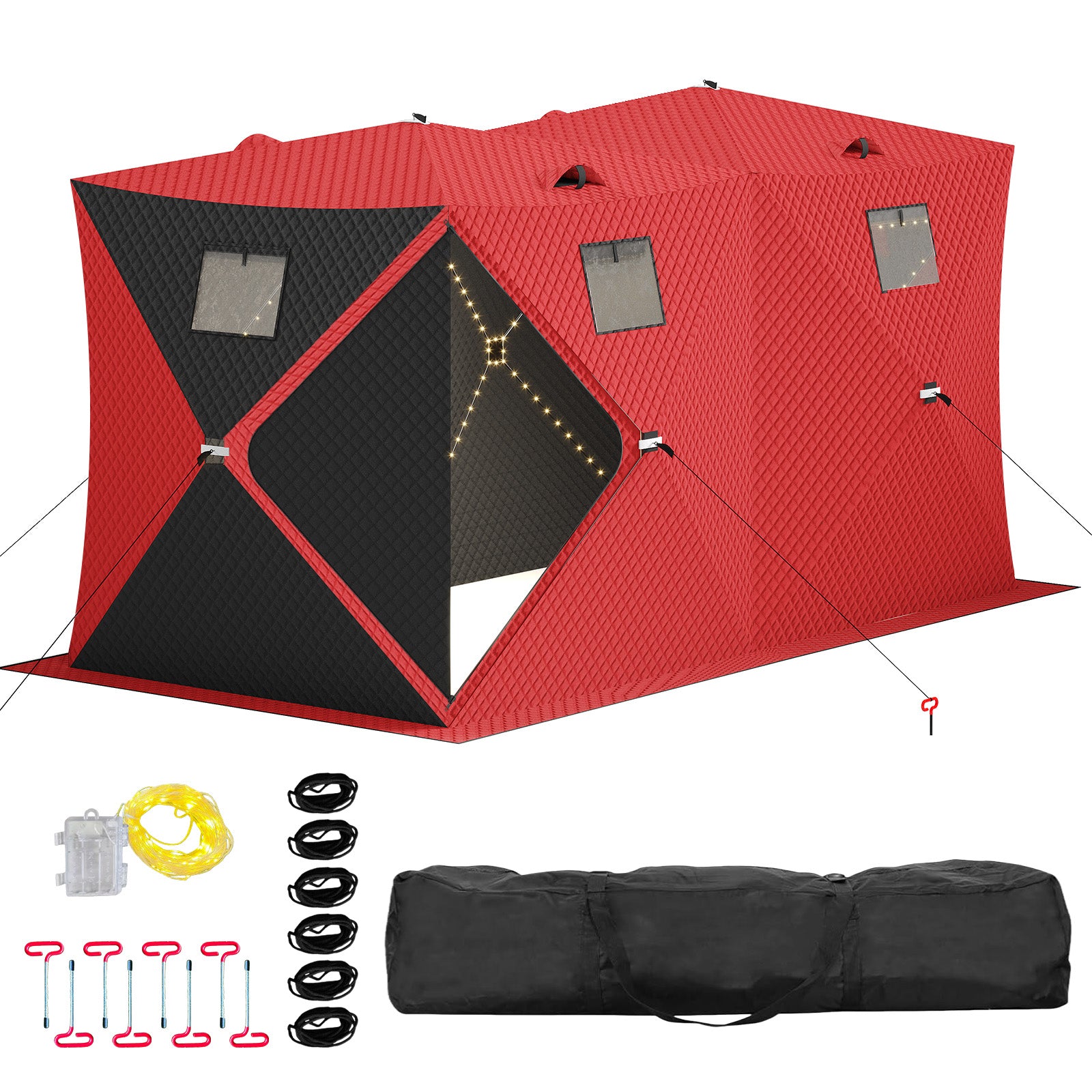 Garvee Insulated Pop-Up Ice Fishing Tent – 5-7 Person Spacious Shelter with Double Zippered Doors, 2x49ft LED Light Strips, Windproof, Easy Setup, Carry Bag, Anchors, Battery Packs – Red + 2 Side Black, 141.73x70.8x77.74in, 2x15m Light Strips