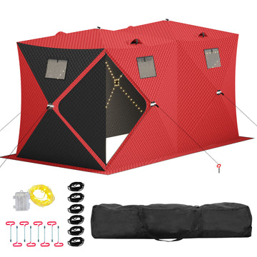 Garvee Insulated Pop-Up Ice Fishing Tent – 5-7 Person Spacious Shelter with Double Zippered Doors, 2x49ft LED Light Strips, Windproof, Easy Setup, Carry Bag, Anchors, Battery Packs – Red + 2 Side Black, 141.73x70.8x77.74in, 2x15m Light Strips