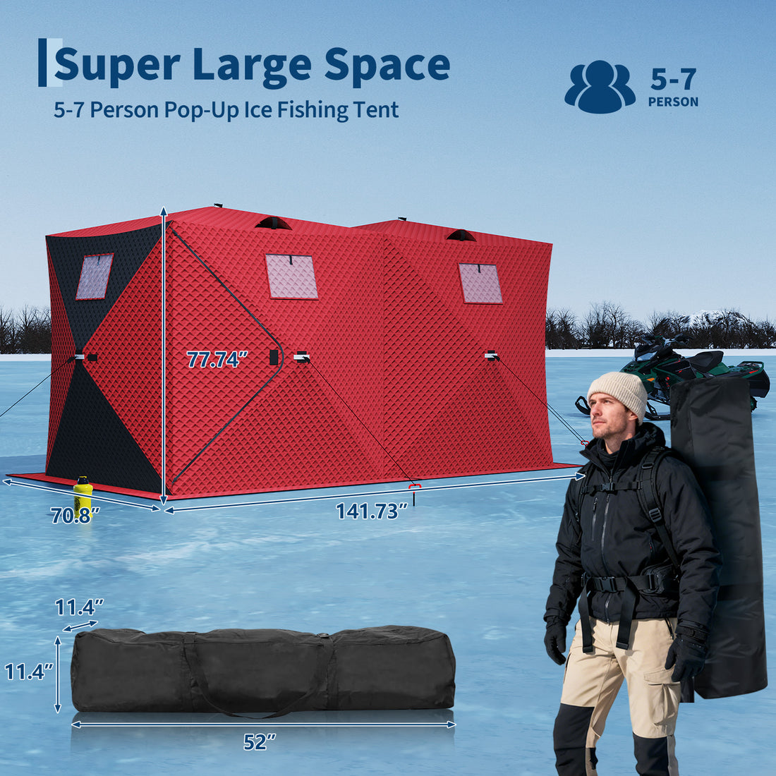 Garvee Insulated Pop-Up Ice Fishing Tent – 5-7 Person Spacious Shelter with Double Zippered Doors, 2x49ft LED Light Strips, Windproof, Easy Setup, Carry Bag, Anchors, Battery Packs – Red + 2 Side Black, 141.73x70.8x77.74in, 2x15m Light Strips