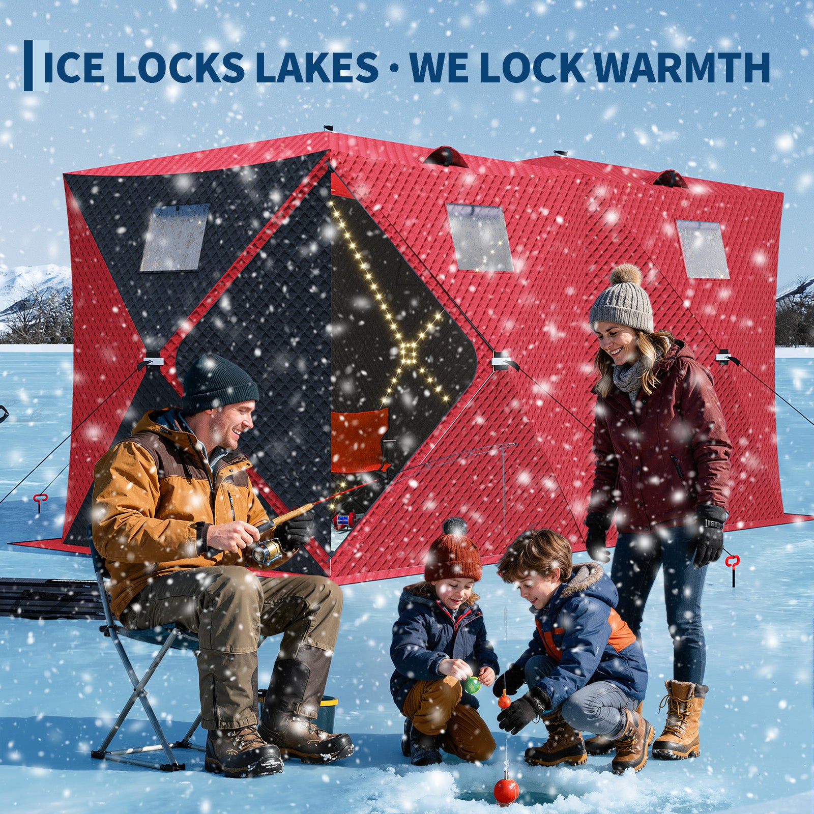 Garvee Insulated Pop-Up Ice Fishing Tent – 5-7 Person Spacious Shelter with Double Zippered Doors, 2x49ft LED Light Strips, Windproof, Easy Setup, Carry Bag, Anchors, Battery Packs – Red + 2 Side Black, 141.73x70.8x77.74in, 2x15m Light Strips