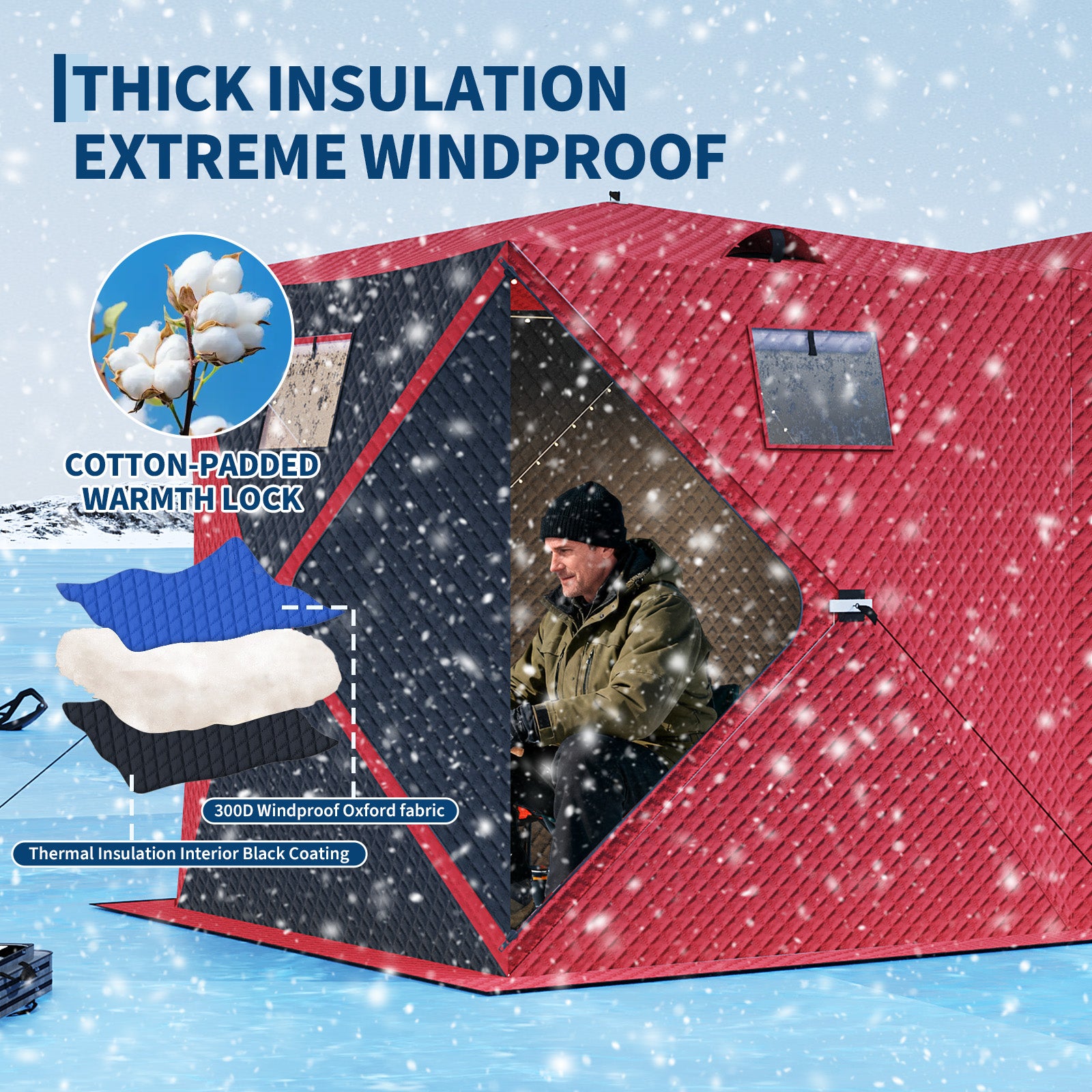 Garvee Insulated Pop-Up Ice Fishing Tent – 5-7 Person Spacious Shelter with Double Zippered Doors, 2x49ft LED Light Strips, Windproof, Easy Setup, Carry Bag, Anchors, Battery Packs – Red + 2 Side Black, 141.73x70.8x77.74in, 2x15m Light Strips