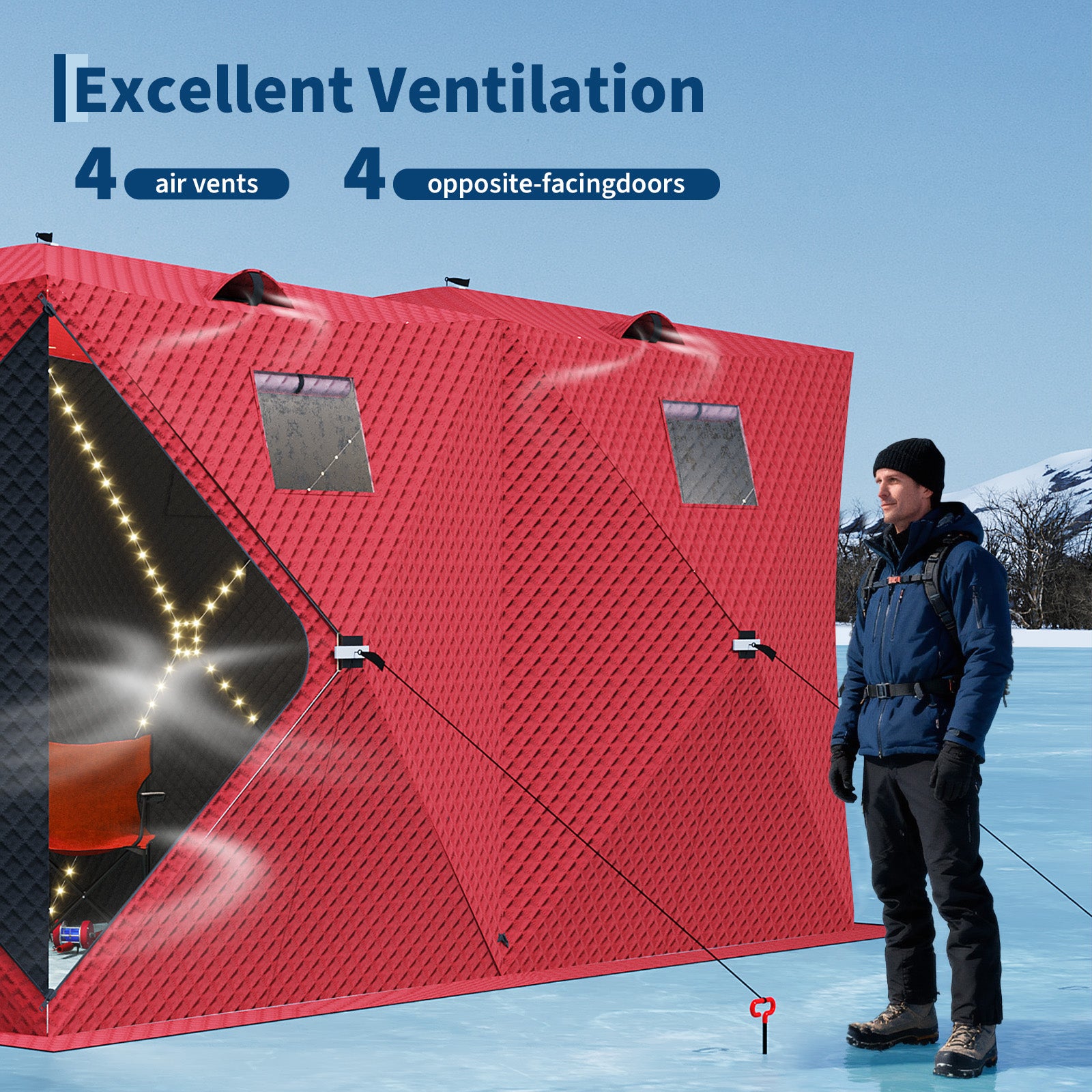 Garvee Insulated Pop-Up Ice Fishing Tent – 5-7 Person Portable Shelter with Double Zippered Doors, Large Windows, 2x49ft LED Light Strips, Windproof, Easy Setup, Carry Bag, Battery Packs – Red, 141.73x70.8x77.74in, 2x15m Light Strips