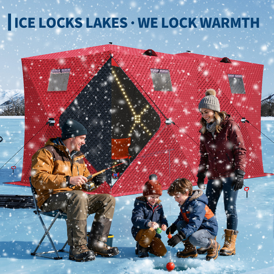 Garvee Insulated Pop-Up Ice Fishing Tent – 5-7 Person Portable Shelter with Double Zippered Doors, Large Windows, 2x49ft LED Light Strips, Windproof, Easy Setup, Carry Bag, Battery Packs – Red, 141.73x70.8x77.74in, 2x15m Light Strips