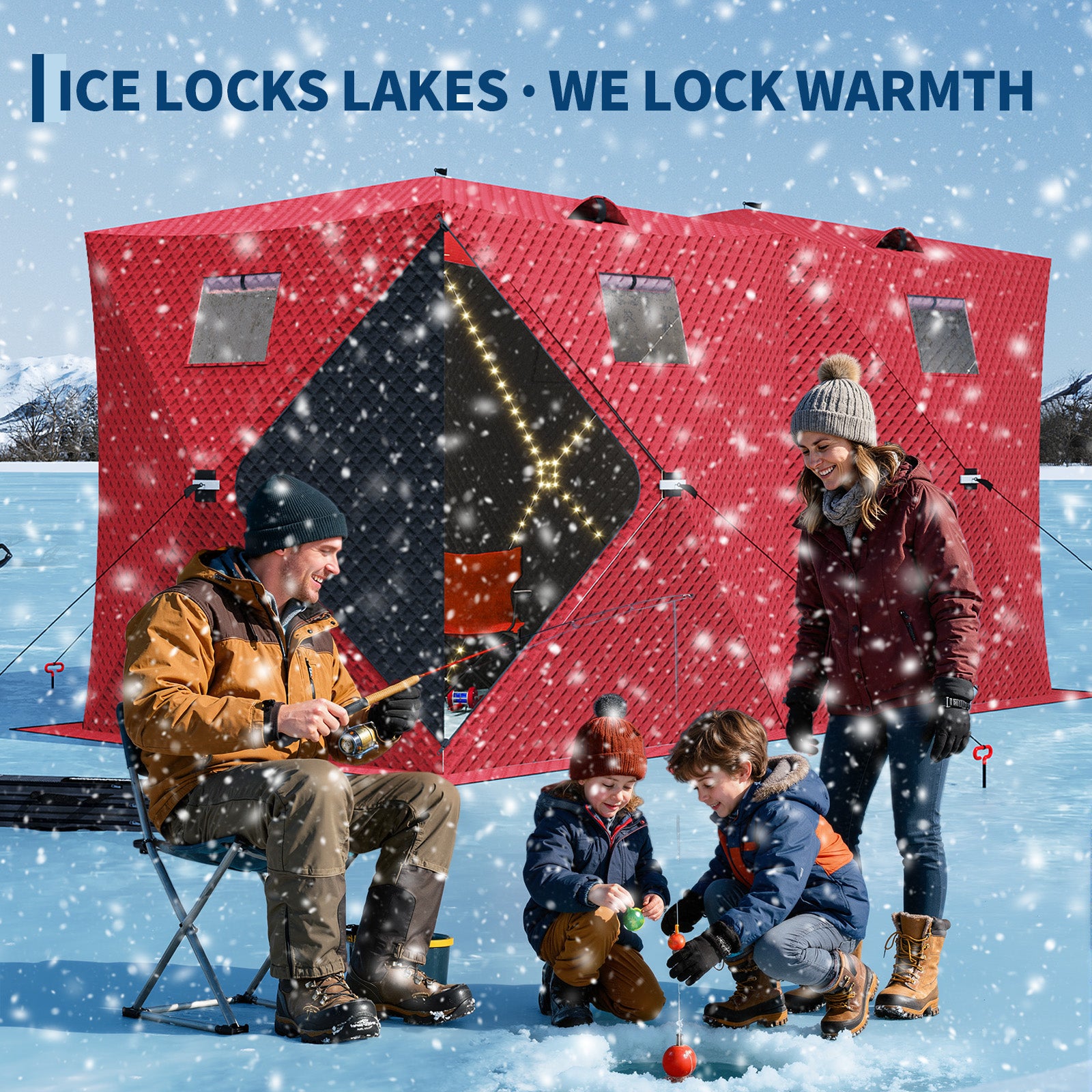 Garvee Insulated Pop-Up Ice Fishing Tent – 5-7 Person Portable Shelter with Double Zippered Doors, Large Windows, 2x49ft LED Light Strips, Windproof, Easy Setup, Carry Bag, Battery Packs – Red, 141.73x70.8x77.74in, 2x15m Light Strips