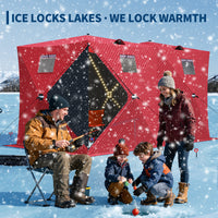 Garvee Insulated Pop-Up Ice Fishing Tent – 5-7 Person Portable Shelter with Double Zippered Doors, Large Windows, 2x49ft LED Light Strips, Windproof, Easy Setup, Carry Bag, Battery Packs – Red, 141.73x70.8x77.74in, 2x15m Light Strips