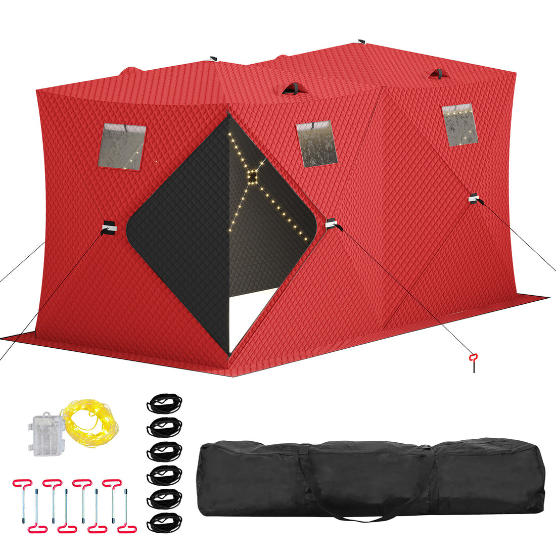 Garvee Insulated Pop-Up Ice Fishing Tent – 5-7 Person Portable Shelter with Double Zippered Doors, Large Windows, 2x49ft LED Light Strips, Windproof, Easy Setup, Carry Bag, Battery Packs – Red, 141.73x70.8x77.74in, 2x15m Light Strips