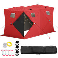 Garvee Insulated Pop-Up Ice Fishing Tent – 5-7 Person Portable Shelter with Double Zippered Doors, Large Windows, 2x49ft LED Light Strips, Windproof, Easy Setup, Carry Bag, Battery Packs – Red, 141.73x70.8x77.74in, 2x15m Light Strips