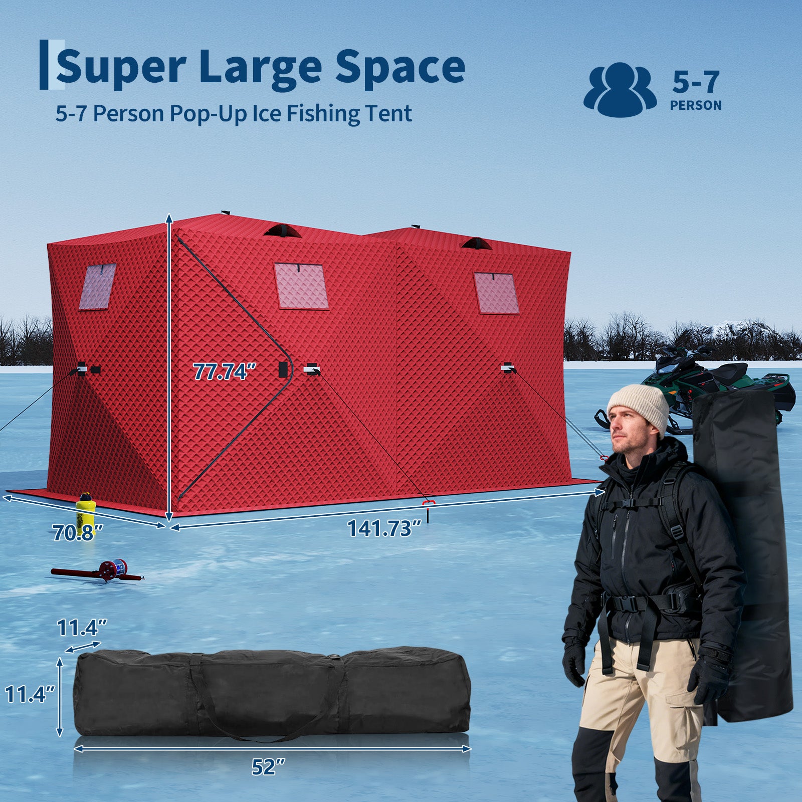 Garvee Insulated Pop-Up Ice Fishing Tent – 5-7 Person Portable Shelter with Double Zippered Doors, Large Windows, 2x49ft LED Light Strips, Windproof, Easy Setup, Carry Bag, Battery Packs – Red, 141.73x70.8x77.74in, 2x15m Light Strips