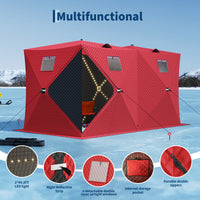 Garvee Insulated Pop-Up Ice Fishing Tent – 5-7 Person Portable Shelter with Double Zippered Doors, Large Windows, 2x49ft LED Light Strips, Windproof, Easy Setup, Carry Bag, Battery Packs – Red, 141.73x70.8x77.74in, 2x15m Light Strips