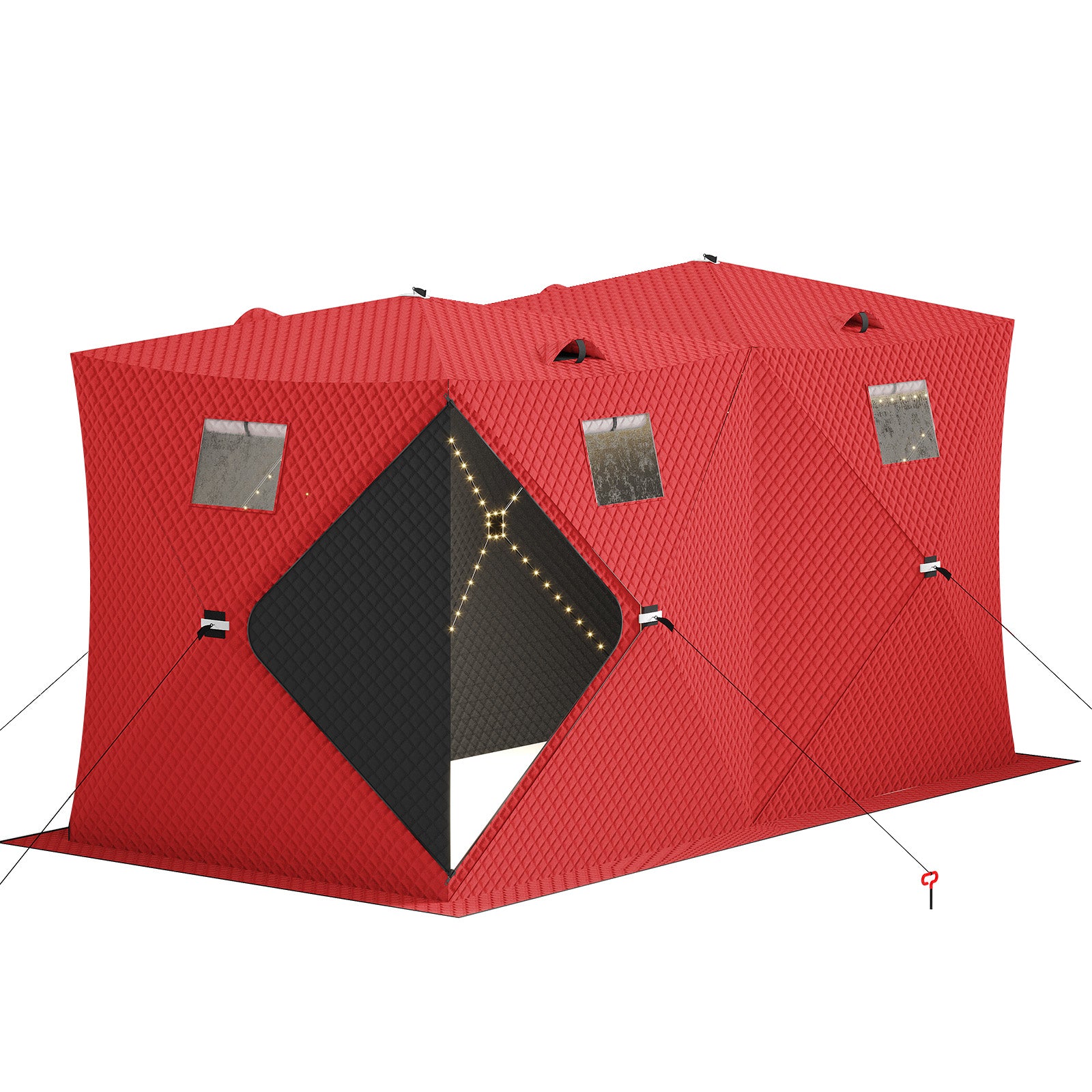 Garvee Insulated Pop-Up Ice Fishing Tent – 5-7 Person Portable Shelter with Double Zippered Doors, Large Windows, 2x49ft LED Light Strips, Windproof, Easy Setup, Carry Bag, Battery Packs – Red, 141.73x70.8x77.74in, 2x15m Light Strips
