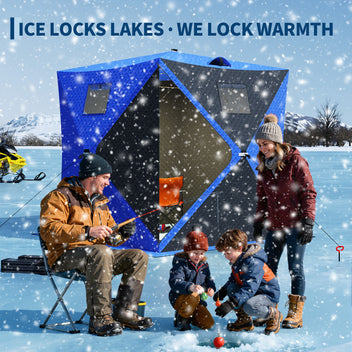 Garvee Insulated Pop-Up Ice Fishing Tent – 3-4 Person Shelter with 49ft LED Light Strip, Windproof, Easy Setup, Windows, Zippered Door, Carry Bag, Anchors, Battery Box – Blue + 2 Side Black, 70.8x70.8x77.74in, Includes 15m Light Strip