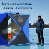 Garvee Insulated Pop-Up Ice Fishing Tent – 3-4 Person Shelter with 49ft LED Light Strip, Windproof, Easy Setup, Windows, Zippered Door, Carry Bag, Anchors, Battery Box – Blue + 2 Side Black, 70.8x70.8x77.74in, Includes 15m Light Strip