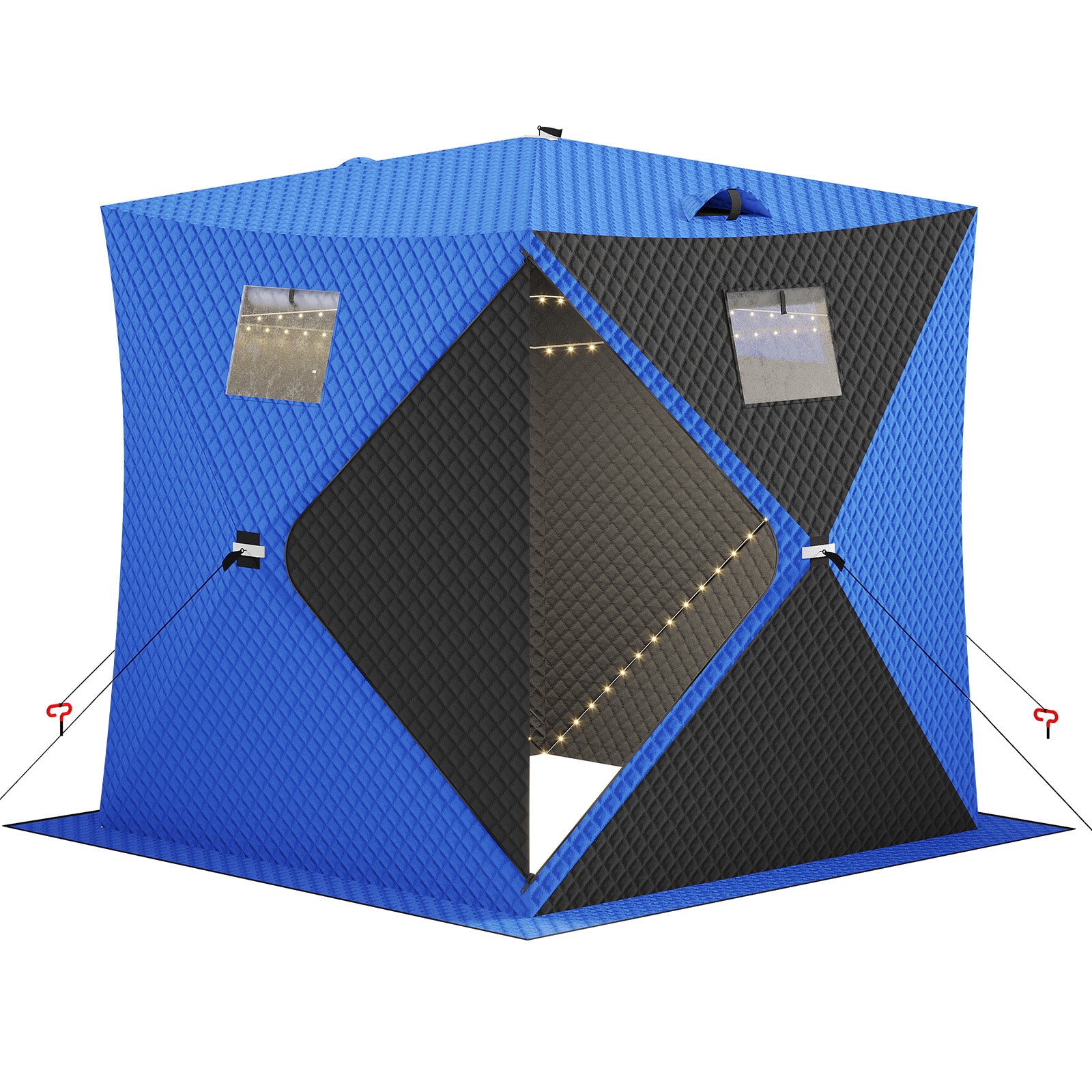 Garvee Insulated Pop-Up Ice Fishing Tent – 3-4 Person Shelter with 49ft LED Light Strip, Windproof, Easy Setup, Windows, Zippered Door, Carry Bag, Anchors, Battery Box – Blue + 2 Side Black, 70.8x70.8x77.74in, Includes 15m Light Strip