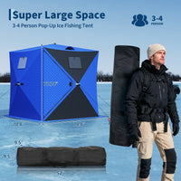 Garvee Insulated Pop-Up Ice Fishing Tent – 3-4 Person Shelter with 49ft LED Light Strip, Windproof, Easy Setup, Windows, Zippered Door, Carry Bag, Anchors, Battery Box – Blue + 2 Side Black, 70.8x70.8x77.74in, Includes 15m Light Strip