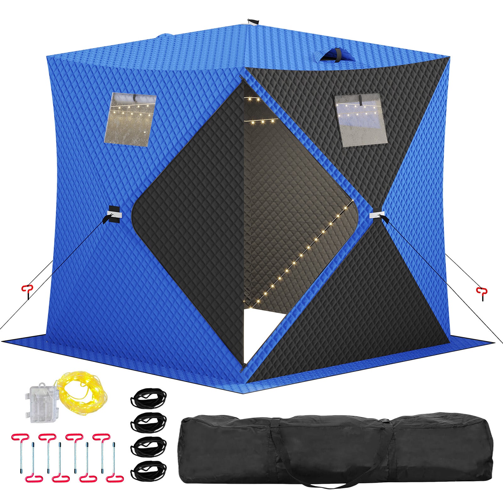Garvee Insulated Pop-Up Ice Fishing Tent – 3-4 Person Shelter with 49ft LED Light Strip, Windproof, Easy Setup, Windows, Zippered Door, Carry Bag, Anchors, Battery Box – Blue + 2 Side Black, 70.8x70.8x77.74in, Includes 15m Light Strip