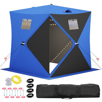 Garvee Insulated Pop-Up Ice Fishing Tent – 3-4 Person Shelter with 49ft LED Light Strip, Windproof, Easy Setup, Windows, Zippered Door, Carry Bag, Anchors, Battery Box – Blue + 2 Side Black, 70.8x70.8x77.74in, Includes 15m Light Strip