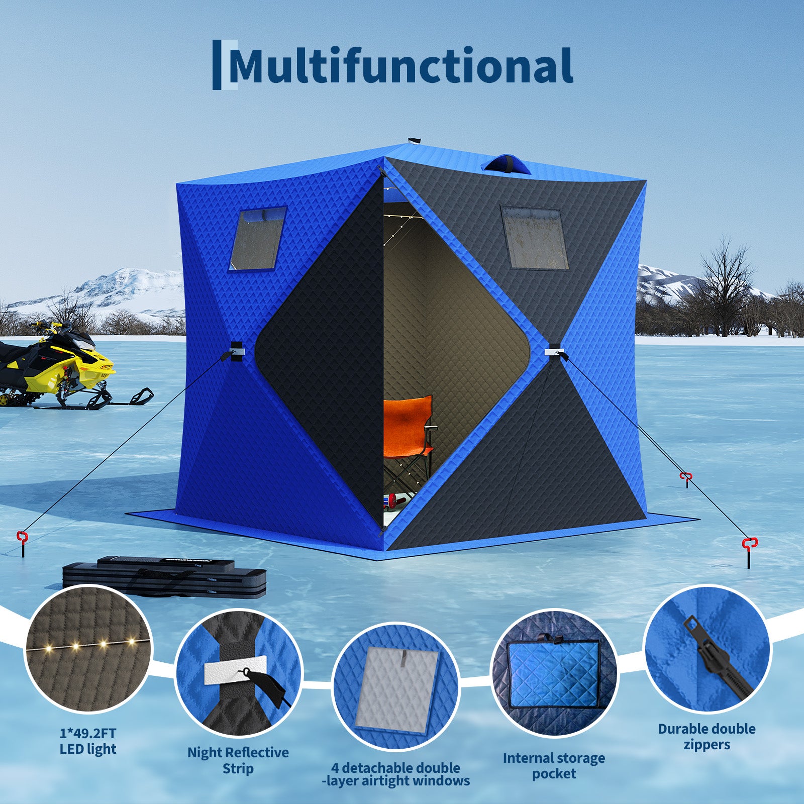 Garvee Insulated Pop-Up Ice Fishing Tent – 3-4 Person Shelter with 49ft LED Light Strip, Windproof, Easy Setup, Windows, Zippered Door, Carry Bag, Anchors, Battery Box – Blue + 2 Side Black, 70.8x70.8x77.74in, Includes 15m Light Strip