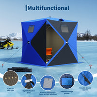 Garvee Insulated Pop-Up Ice Fishing Tent – 3-4 Person Shelter with 49ft LED Light Strip, Windproof, Easy Setup, Windows, Zippered Door, Carry Bag, Anchors, Battery Box – Blue + 2 Side Black, 70.8x70.8x77.74in, Includes 15m Light Strip