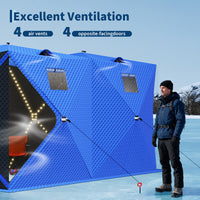 Garvee Insulated Pop-Up Ice Fishing Tent – 5-7 Person Shelter with Double Zippered Doors, 2x49ft LED Light Strips, Weather-Resistant, Windproof, Easy Setup, Carry Bag, Anchors, Battery Packs – Blue + 2 Side Black, 141.73x70.8x77.74in, 2x15m Light Strips