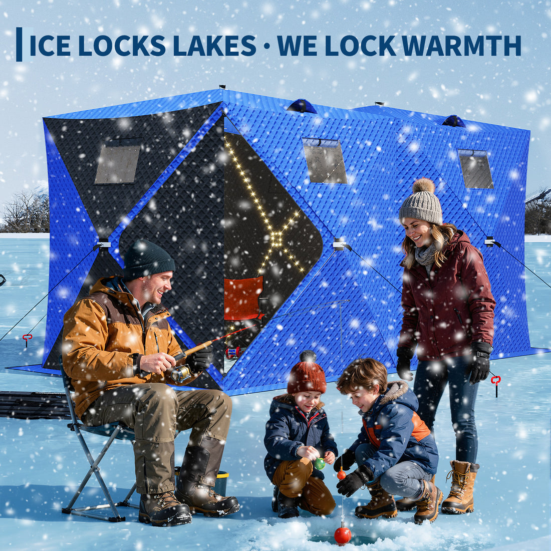 Garvee Insulated Pop-Up Ice Fishing Tent – 5-7 Person Shelter with Double Zippered Doors, 2x49ft LED Light Strips, Weather-Resistant, Windproof, Easy Setup, Carry Bag, Anchors, Battery Packs – Blue + 2 Side Black, 141.73x70.8x77.74in, 2x15m Light Strips