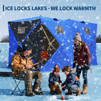 Garvee Insulated Pop-Up Ice Fishing Tent – 5-7 Person Shelter with Double Zippered Doors, 2x49ft LED Light Strips, Weather-Resistant, Windproof, Easy Setup, Carry Bag, Anchors, Battery Packs – Blue + 2 Side Black, 141.73x70.8x77.74in, 2x15m Light Strips