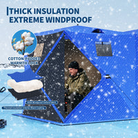Garvee Insulated Pop-Up Ice Fishing Tent – 5-7 Person Shelter with Double Zippered Doors, 2x49ft LED Light Strips, Weather-Resistant, Windproof, Easy Setup, Carry Bag, Anchors, Battery Packs – Blue + 2 Side Black, 141.73x70.8x77.74in, 2x15m Light Strips