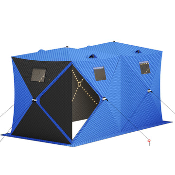 Garvee Insulated Pop-Up Ice Fishing Tent – 5-7 Person Shelter with Double Zippered Doors, 2x49ft LED Light Strips, Weather-Resistant, Windproof, Easy Setup, Carry Bag, Anchors, Battery Packs – Blue + 2 Side Black, 141.73x70.8x77.74in, 2x15m Light Strips