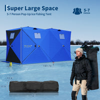 Garvee Insulated Pop-Up Ice Fishing Tent – 5-7 Person Shelter with Double Zippered Doors, 2x49ft LED Light Strips, Weather-Resistant, Windproof, Easy Setup, Carry Bag, Anchors, Battery Packs – Blue + 2 Side Black, 141.73x70.8x77.74in, 2x15m Light Strips