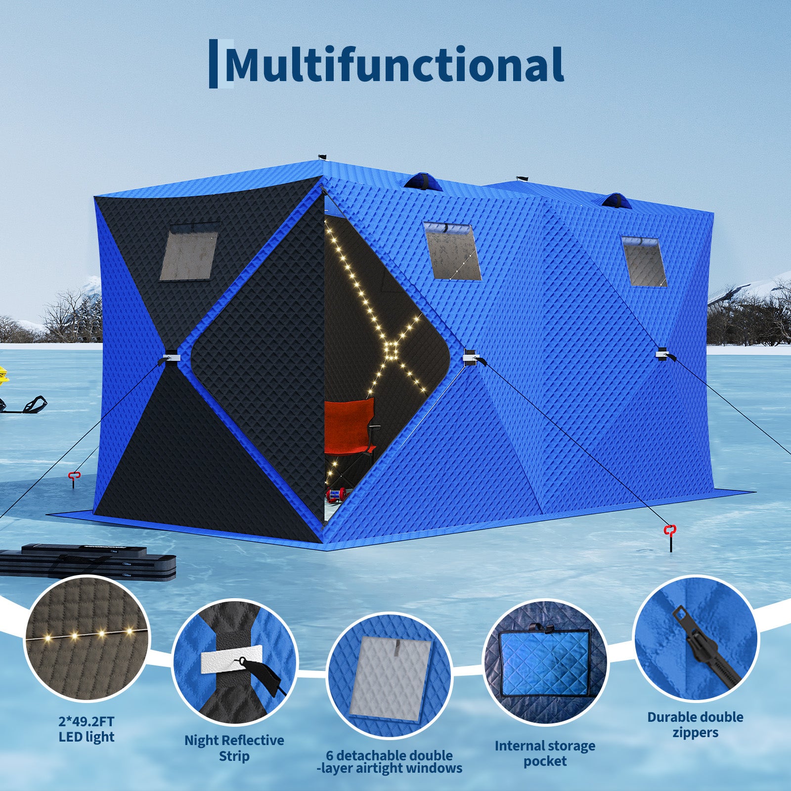 Garvee Insulated Pop-Up Ice Fishing Tent – 5-7 Person Shelter with Double Zippered Doors, 2x49ft LED Light Strips, Weather-Resistant, Windproof, Easy Setup, Carry Bag, Anchors, Battery Packs – Blue + 2 Side Black, 141.73x70.8x77.74in, 2x15m Light Strips