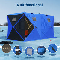 Garvee Insulated Pop-Up Ice Fishing Tent – 5-7 Person Shelter with Double Zippered Doors, 2x49ft LED Light Strips, Weather-Resistant, Windproof, Easy Setup, Carry Bag, Anchors, Battery Packs – Blue + 2 Side Black, 141.73x70.8x77.74in, 2x15m Light Strips