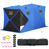 Garvee Insulated Pop-Up Ice Fishing Tent – 5-7 Person Shelter with Double Zippered Doors, 2x49ft LED Light Strips, Weather-Resistant, Windproof, Easy Setup, Carry Bag, Anchors, Battery Packs – Blue + 2 Side Black, 141.73x70.8x77.74in, 2x15m Light Strips - Black & Blue