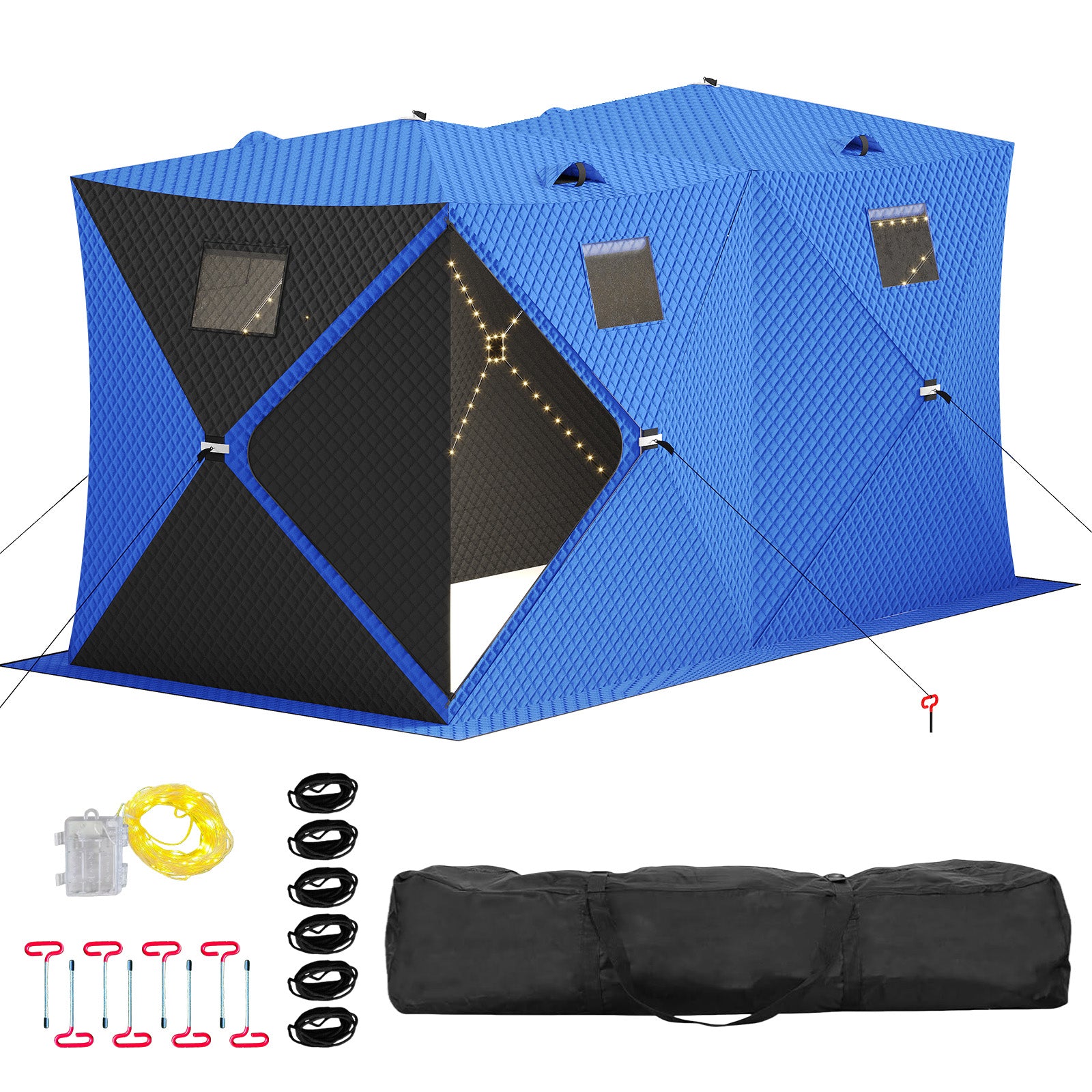 Garvee Insulated Pop-Up Ice Fishing Tent – 5-7 Person Shelter with Double Zippered Doors, 2x49ft LED Light Strips, Weather-Resistant, Windproof, Easy Setup, Carry Bag, Anchors, Battery Packs – Blue + 2 Side Black, 141.73x70.8x77.74in, 2x15m Light Strips