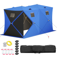 Garvee Insulated Pop-Up Ice Fishing Tent – 5-7 Person Shelter with Double Zippered Doors, 2x49ft LED Light Strips, Weather-Resistant, Windproof, Easy Setup, Carry Bag, Anchors, Battery Packs – Blue + 2 Side Black, 141.73x70.8x77.74in, 2x15m Light Strips