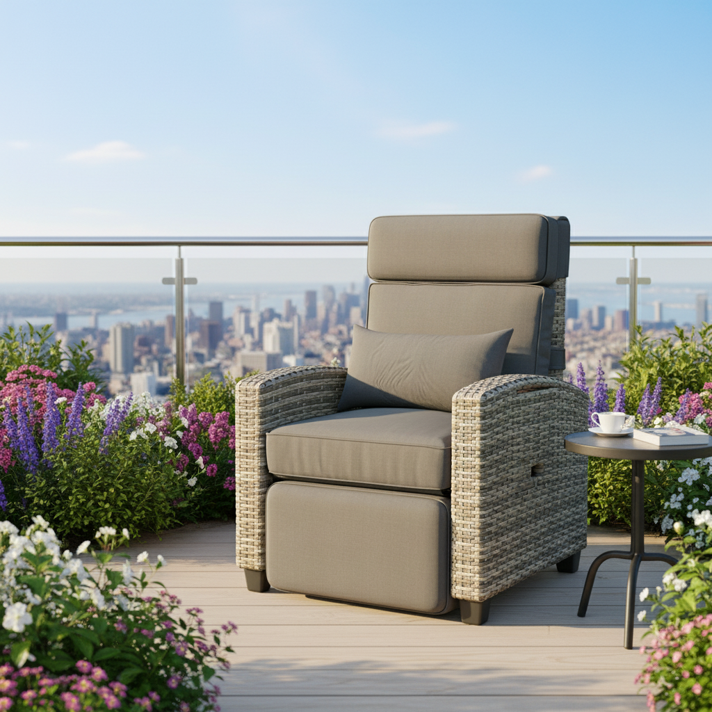 Garvee Outdoor Recliner Patio Chair – Adjustable Backrest & Footrest, Turn over-Up Side Table, Removable Cushion, All-Weather Wicker Armchair, Ideal for Pool, Deck, Balcony, Gray Rattan with Taupe Cushion