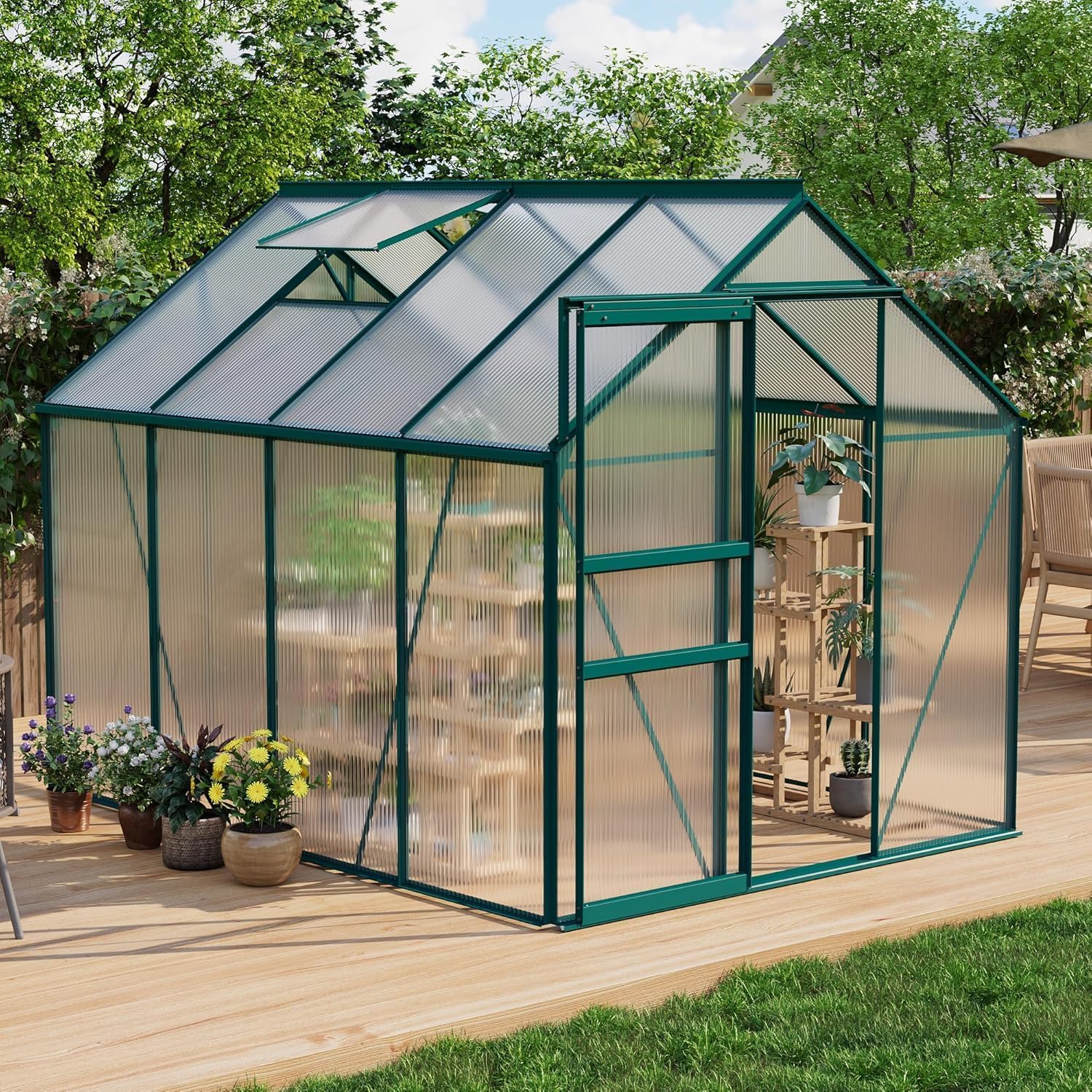 Garvee 6 x 8 FT Polycarbonate Greenhouse with Aluminum Frame, Sliding Door & Adjustable Roof Vent, Heavy-Duty Outdoor Greenhouse for Backyard, Garden, Patio