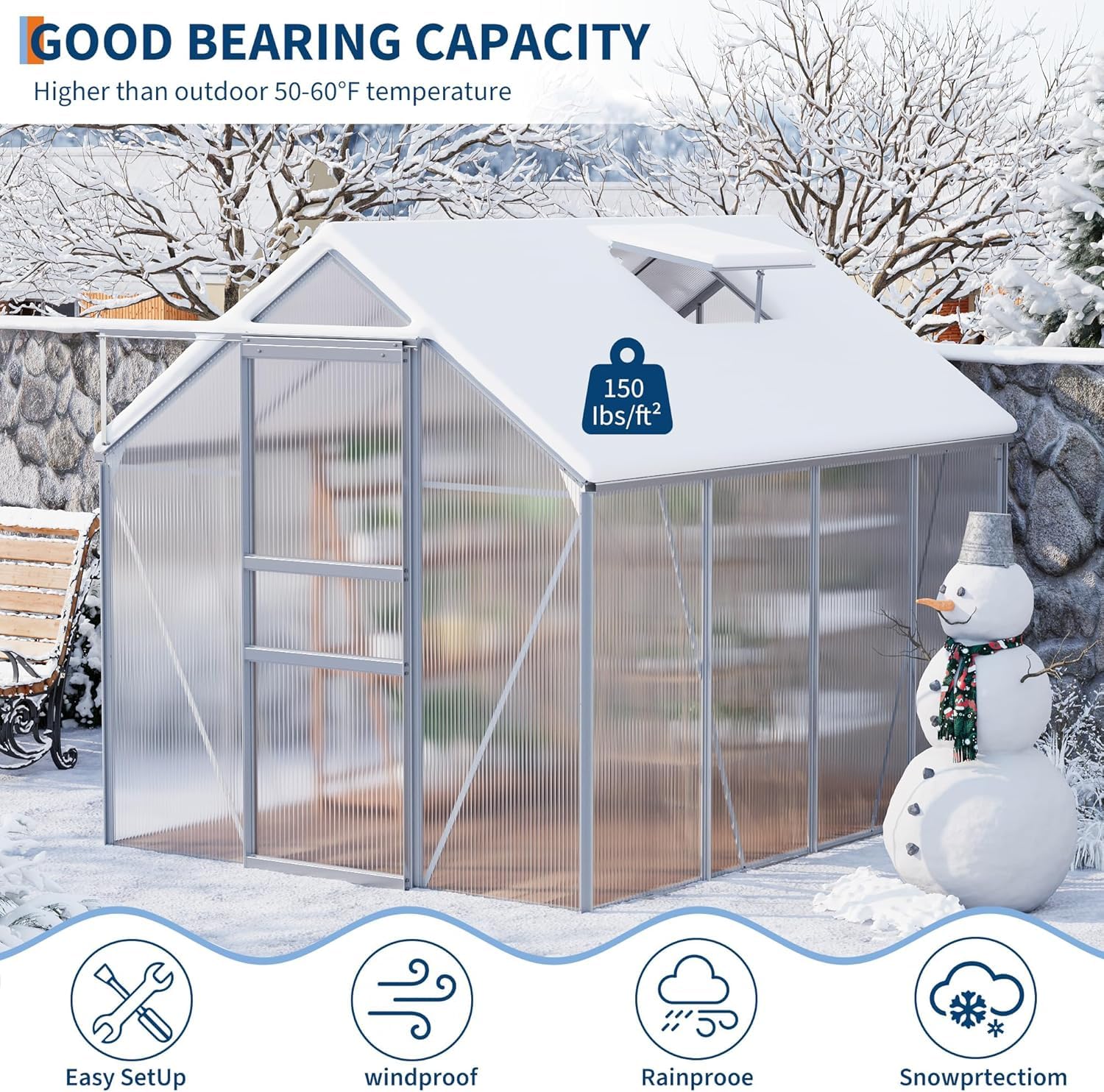 Garvee Walk-in Greenhouse 6x8 FT Aluminum Frame with Roof Vent Rain Gutter Sliding Door Perfect for Outdoor Patio Backyard Garden Apartment Balcony