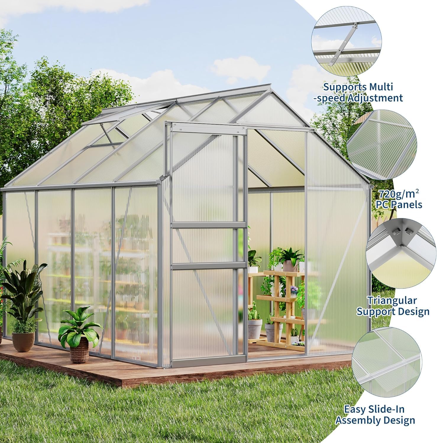Garvee Walk-in Greenhouse 6x8 FT Aluminum Frame with Roof Vent Rain Gutter Sliding Door Perfect for Outdoor Patio Backyard Garden Apartment Balcony