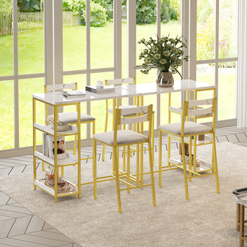 Garvee Modern Marble Finish Bar Table and Chairs Set with 2 Velvet Padded Stools, Flip Top Extension and Storage Shelves, for Small Kitchen and Apartment, Grey & White