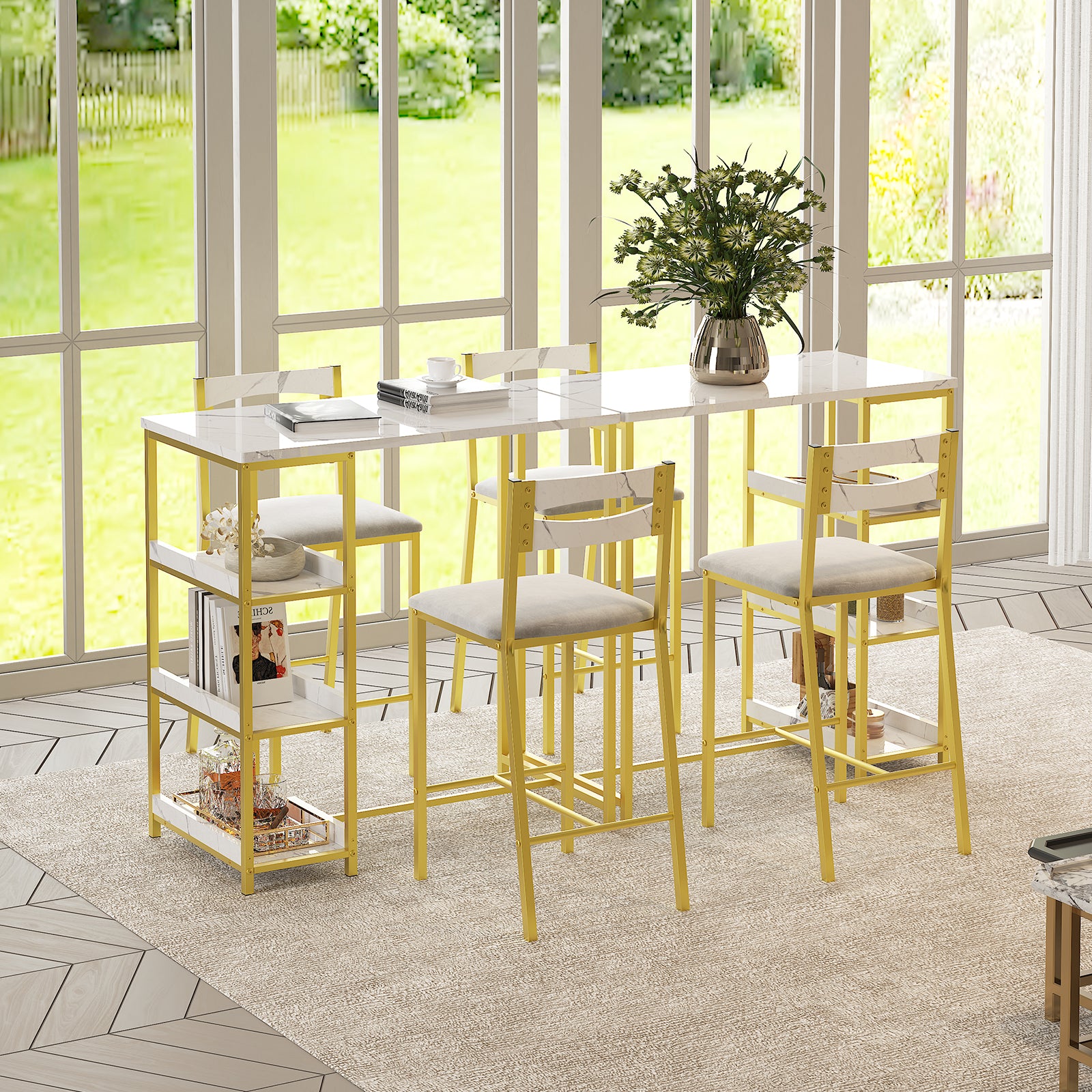 Garvee Modern Marble Finish Bar Table and Chairs Set with 2 Velvet Padded Stools, Flip Top Extension and Storage Shelves, for Small Kitchen and Apartment, Grey & White