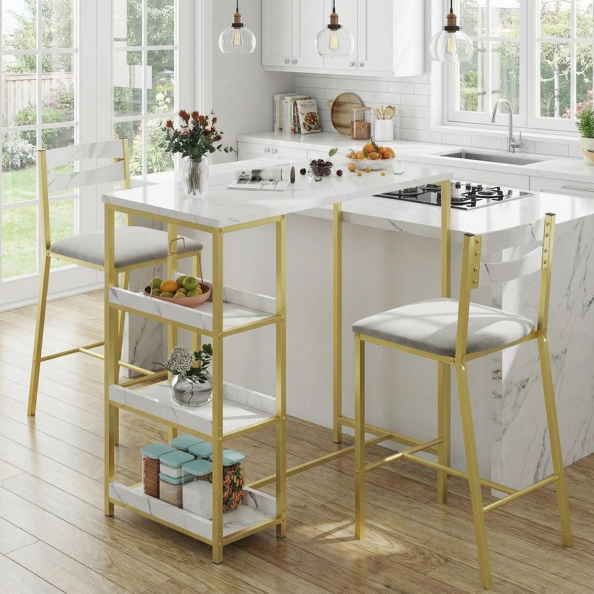Garvee Modern Marble Finish Bar Table and Chairs Set with 2 Velvet Padded Stools, Flip Top Extension and Storage Shelves, for Small Kitchen and Apartment, Grey & White