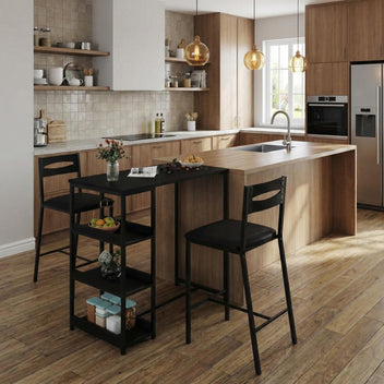 Garvee Modern Marble Finish Bar Table and Chairs Set with 2 PU Padded Stools, Flip Top Extension and Storage Shelves, for Small Kitchen and Apartment, Black