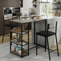 Garvee Modern Marble Finish Bar Table and Chairs Set with 2 PU Padded Stools, Flip Top Extension and Storage Shelves, for Small Kitchen and Apartment, Grey & Black