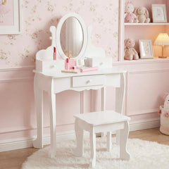Garvee Kids Vanity Set with Adjustable Angle Mirror, Drawers and Stool Suitable for Age 3-10, White - White