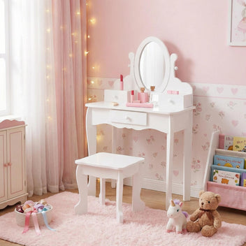 Garvee Kids Vanity Set with Adjustable Angle Mirror, Drawers and Stool Suitable for Age 3-10, White