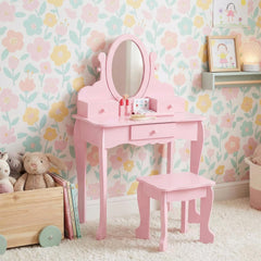 Garvee Kids Vanity Set with Adjustable Angle Mirror, Drawers and Stool Suitable for Age 3-10, Pink - Pink